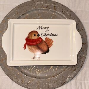 Valori Home Ceramic “Merry Christmas” Winter Bird Red Scarf Serving Dish Tray